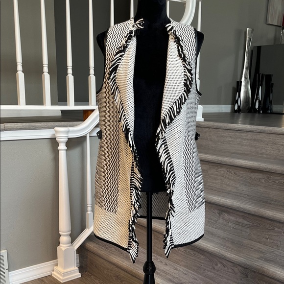 Chico's Jackets & Blazers - Chico's Black and Winter White Knit Vest with Leather Trim